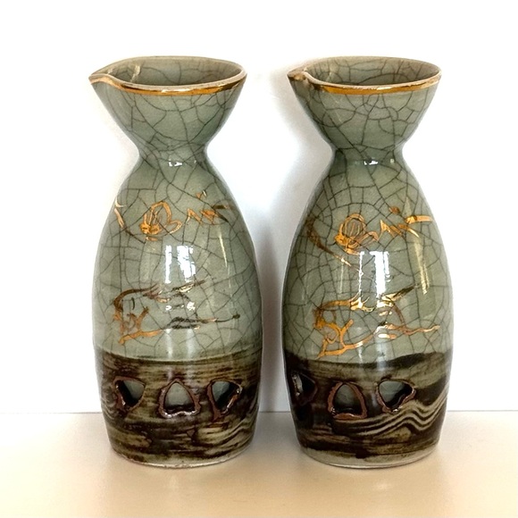 Vintage Sake Pitchers & 6 Cups Japan Somaware Somayaki Crackle Gold Horse Hearts - Picture 14 of 16